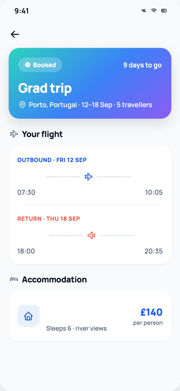 Voygo booked trip screen with flight itinerary and accommodation